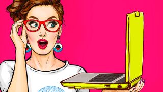 Comic Frau überrascht vor einem Laptop